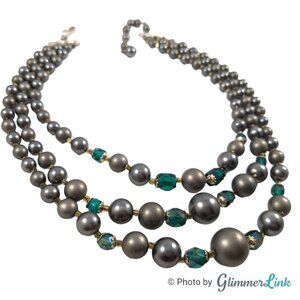 VTG 50s Triple Strand Gray Faux Pearl & Green AB Cathedral Faceted Beads Choker